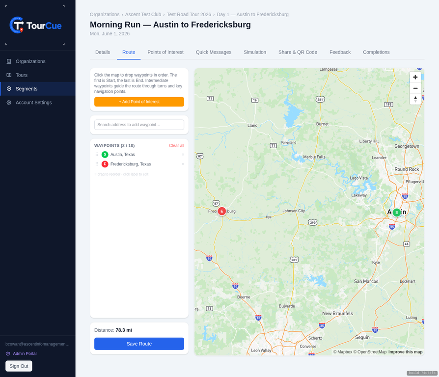 TourCue route builder — Victoria to Goliad with 16 waypoints