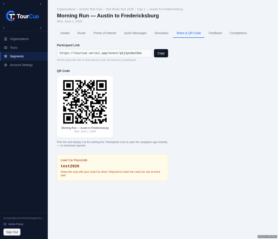 TourCue QR code sharing screen